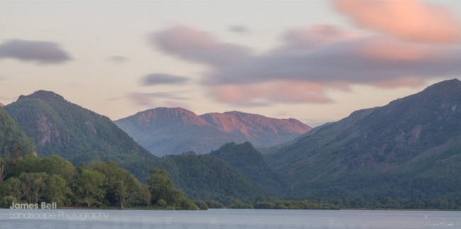 Sunset over Scafell Pike and Derwentwater in the Lake District